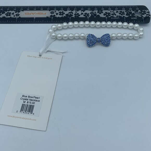 Blue Bow/Pearl Crystal Necklace - Medium Dog 140421 The Pawticular Pooch - Picture 2 of 2